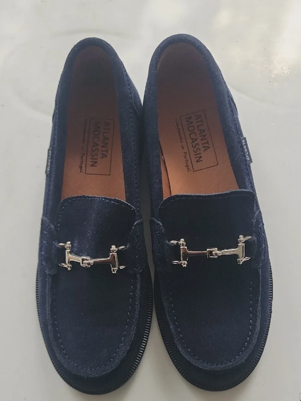 Navy Suede Horsebit Loafers. In Excellent Condition Like New